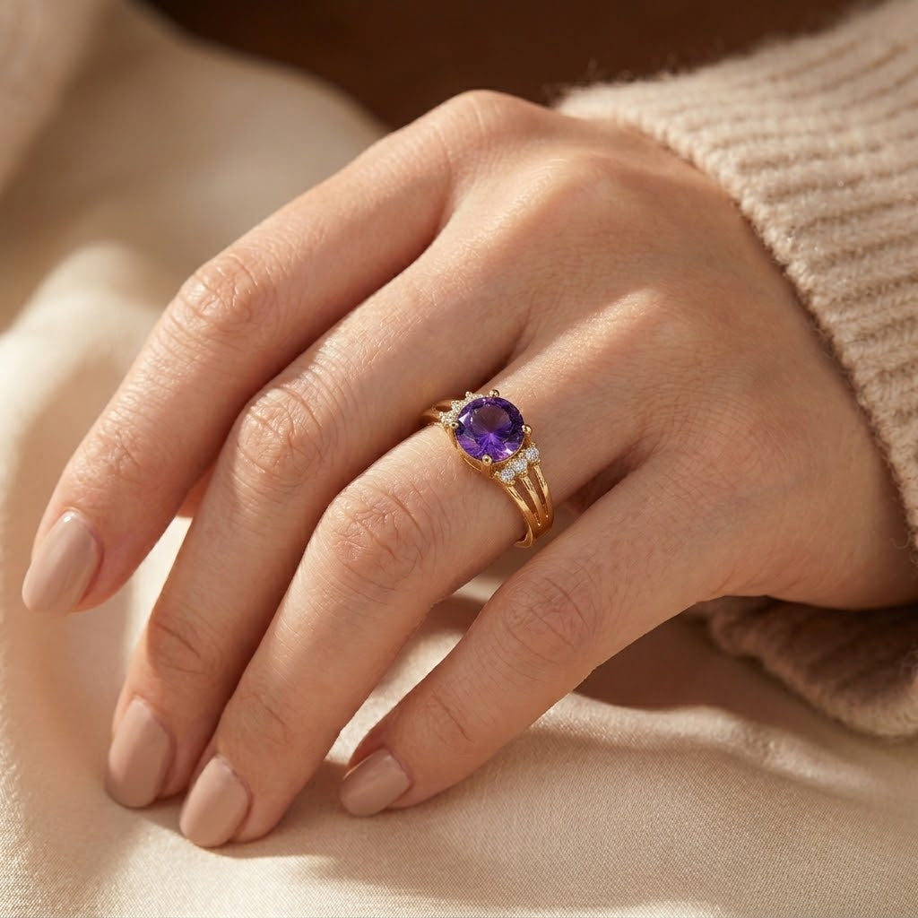 Anello in oro con ametista a bandina divisa