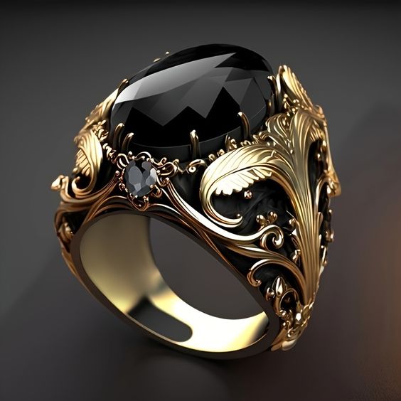 Anello Vintage Nero in Oro con Pietra Luminosa