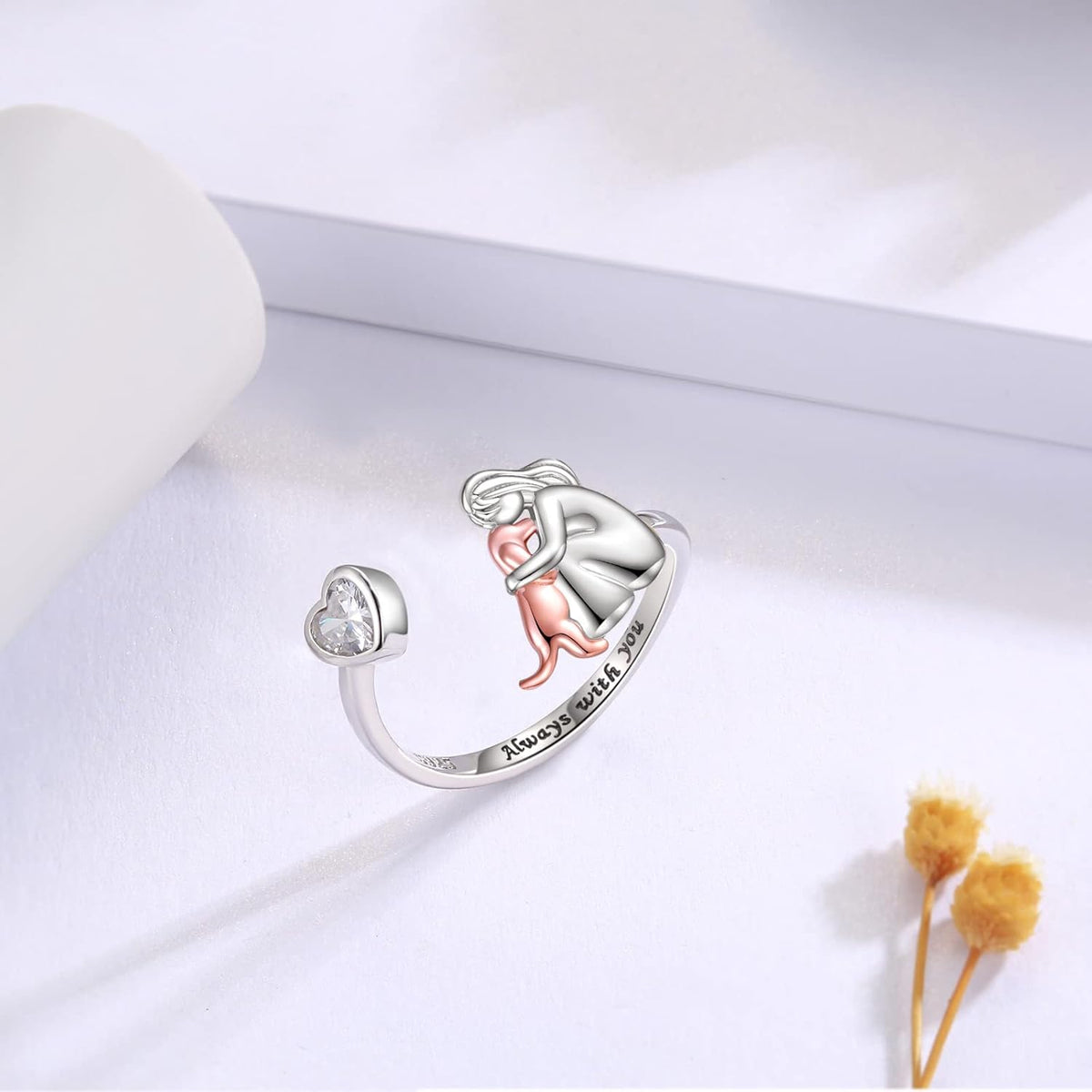 Anello Regolabile Ragazza e Cane in Argento 925 con Zircone a Cuore