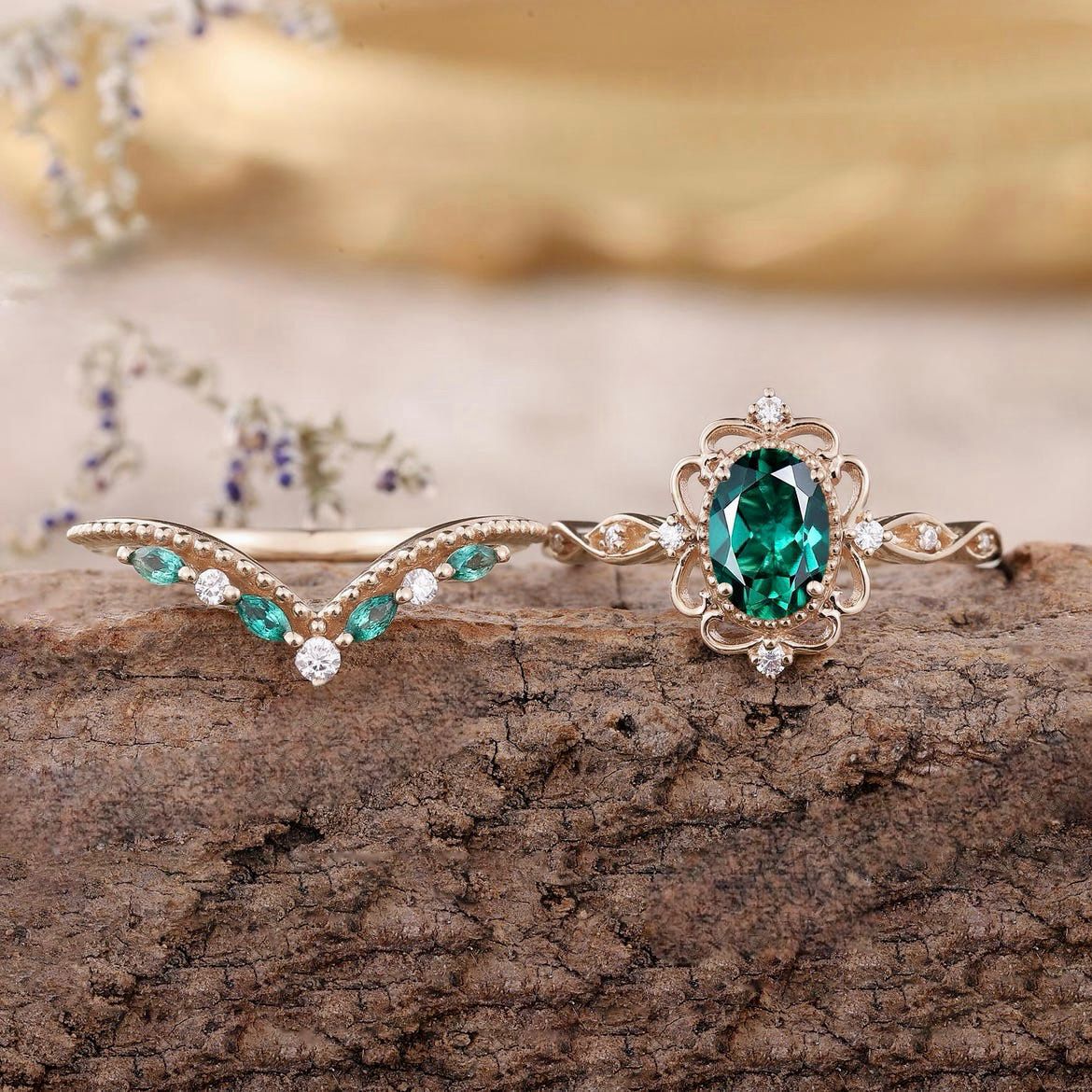 Set di Anelli Aurelia Corona di Smeraldo | Oro Rosa