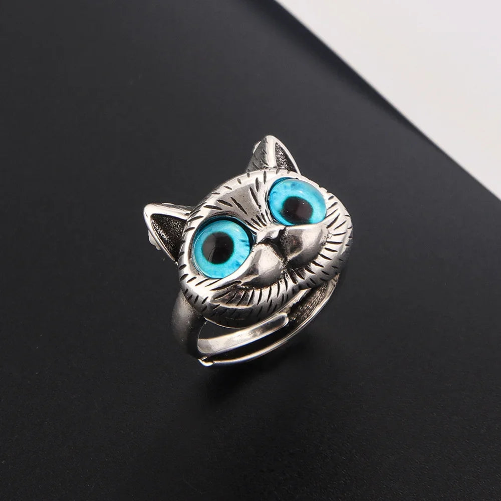 Anello con Gatto dagli Occhi Blu – Giocoso Anello Vintage in Argento per Amanti dei Gatti