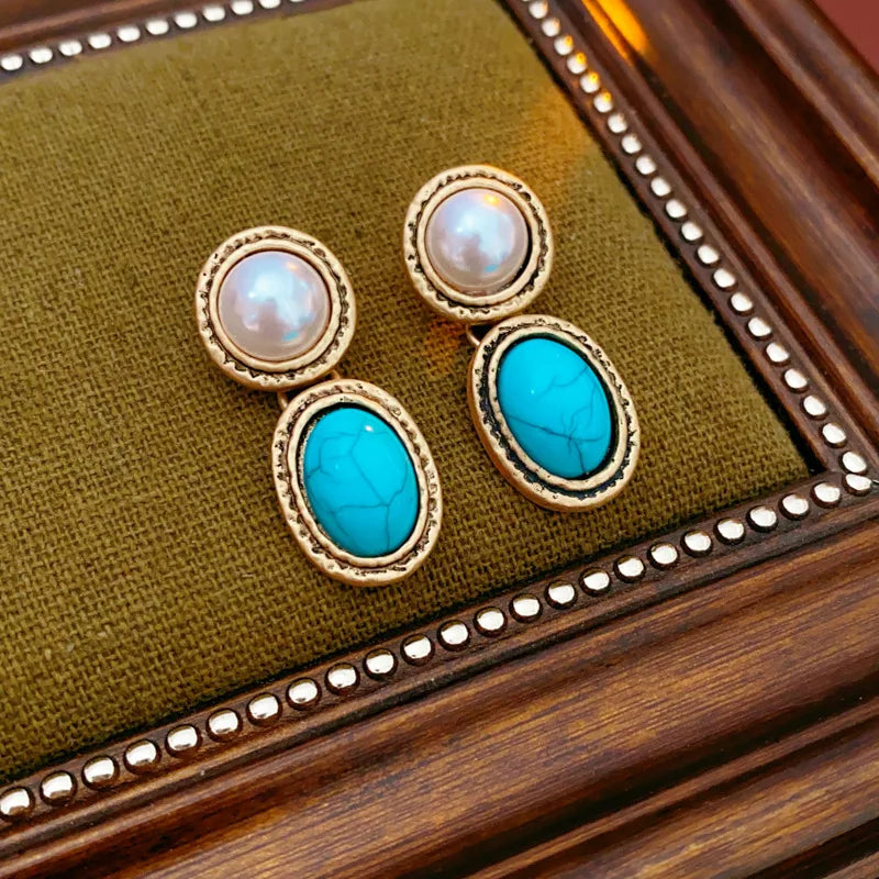 Parure Vintage Collana e Orecchini | Color Turchese e Perle, Dorata