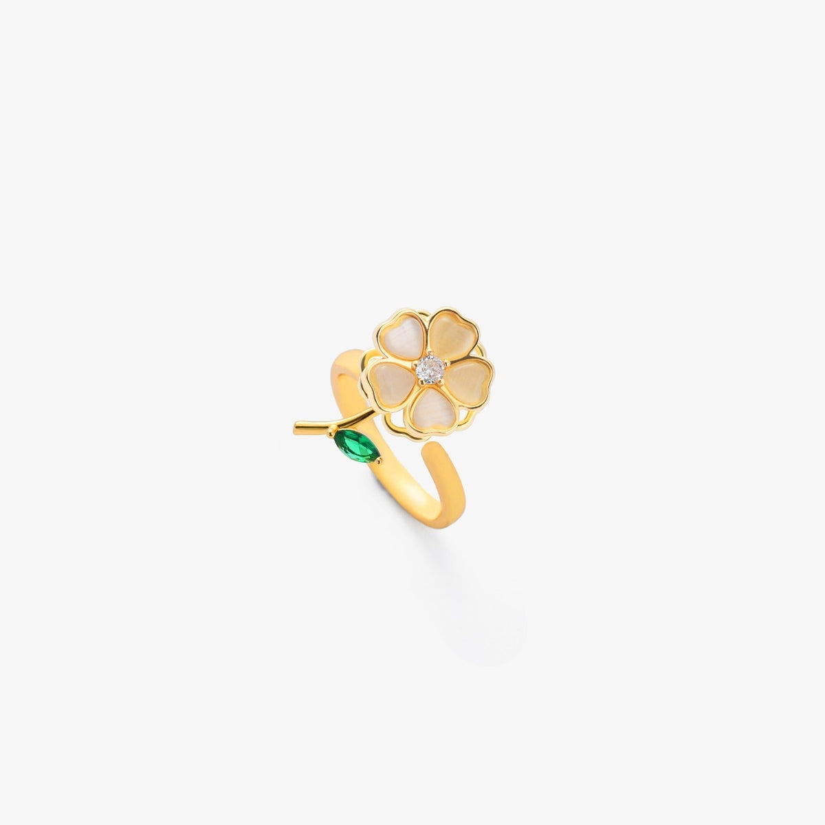 Anello Girevole Fiore | Dorato con Foglia Verde Smeraldo