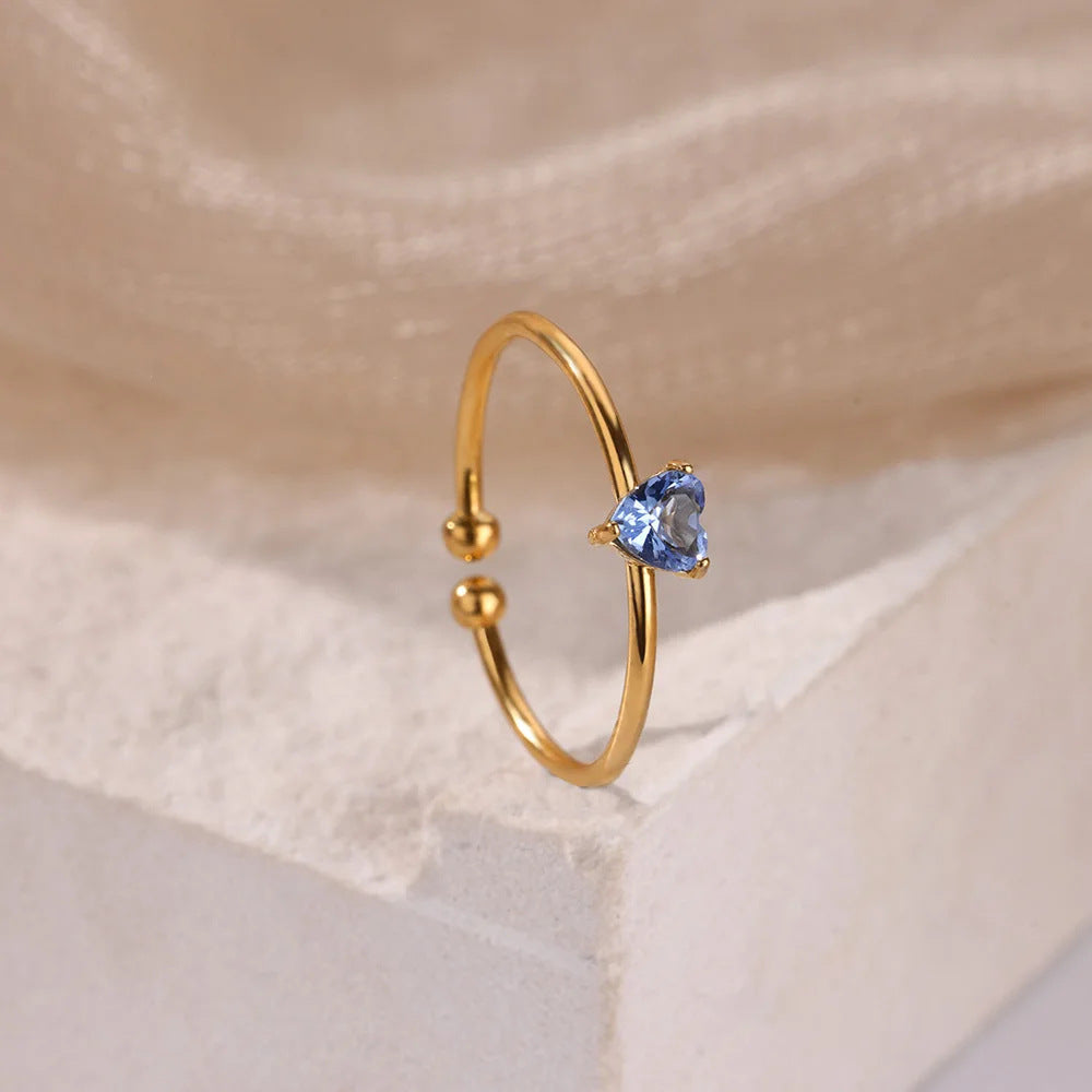 Anello Regolabile Aperto con Pietra del Mese, in Acciaio Titanio Placcato Oro 18K