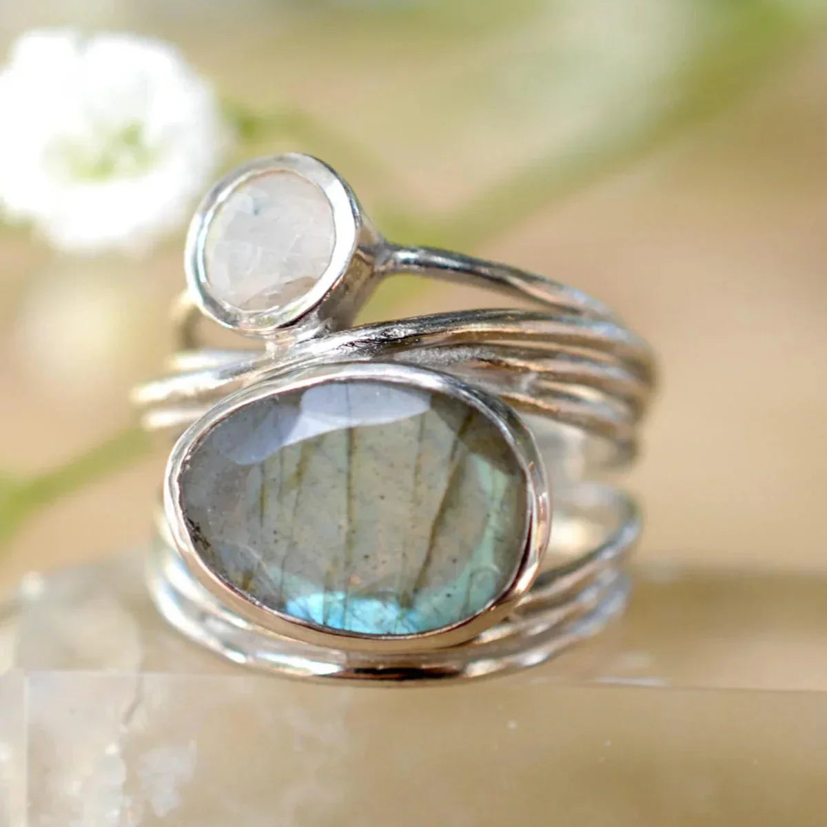 Anello Vintage in Labradorite e Pietra di Luna