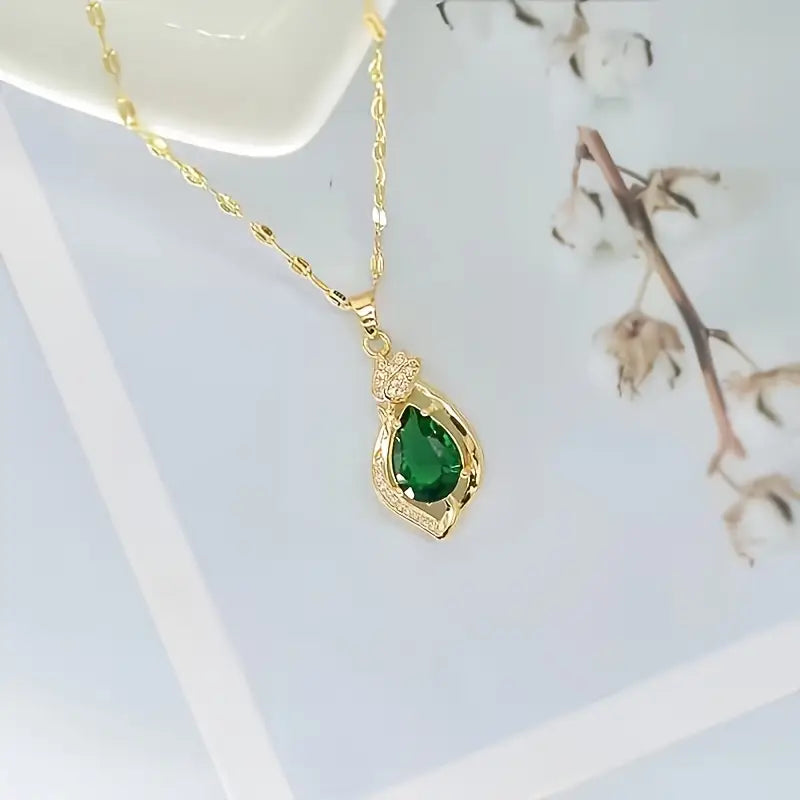 Collana Liana Moretti | Dorata con Pendente a Goccia Verde Smeraldo