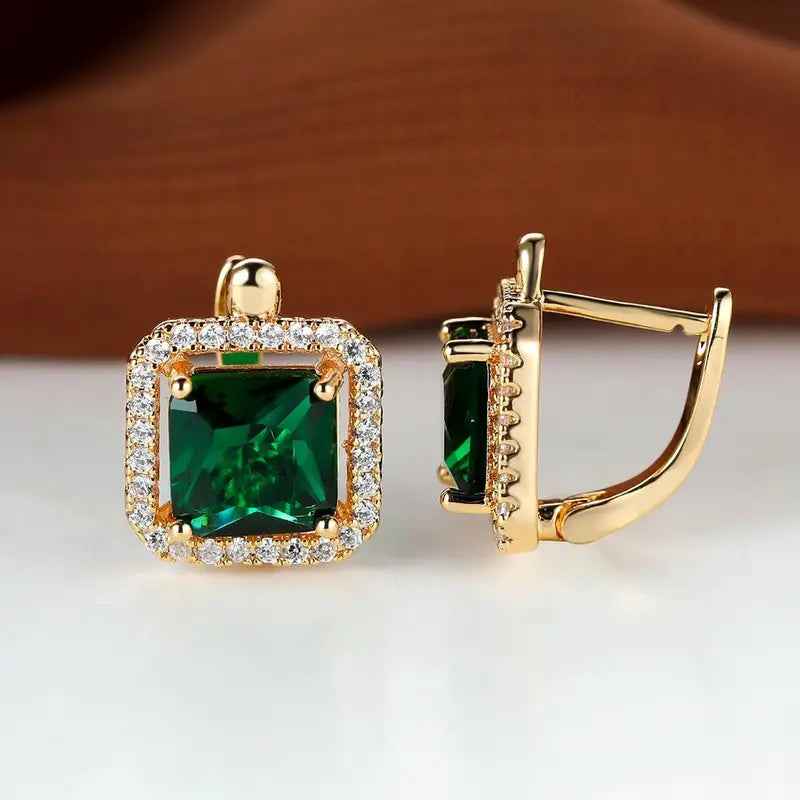Orecchini con Zirconi Quadrati Verde Smeraldo | Dorati