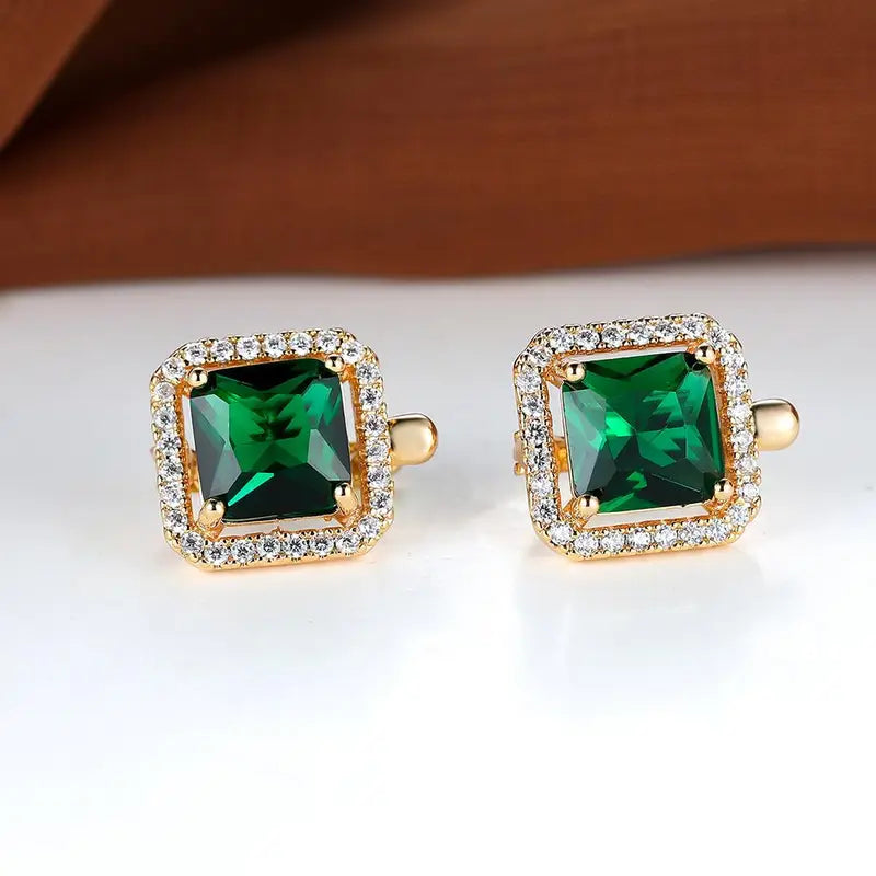 Orecchini con Zirconi Quadrati Verde Smeraldo | Dorati