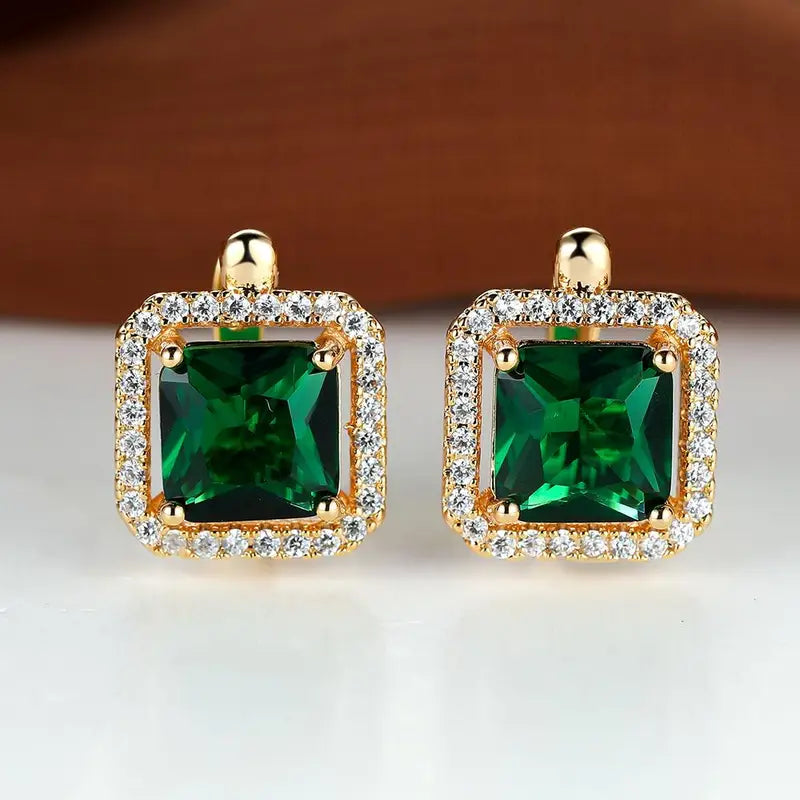 Orecchini con Zirconi Quadrati Verde Smeraldo | Dorati
