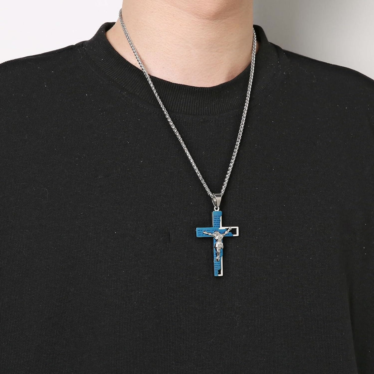 Collana con Crocifisso in Acciaio Inossidabile e Pendente di Preghiera della Bibbia