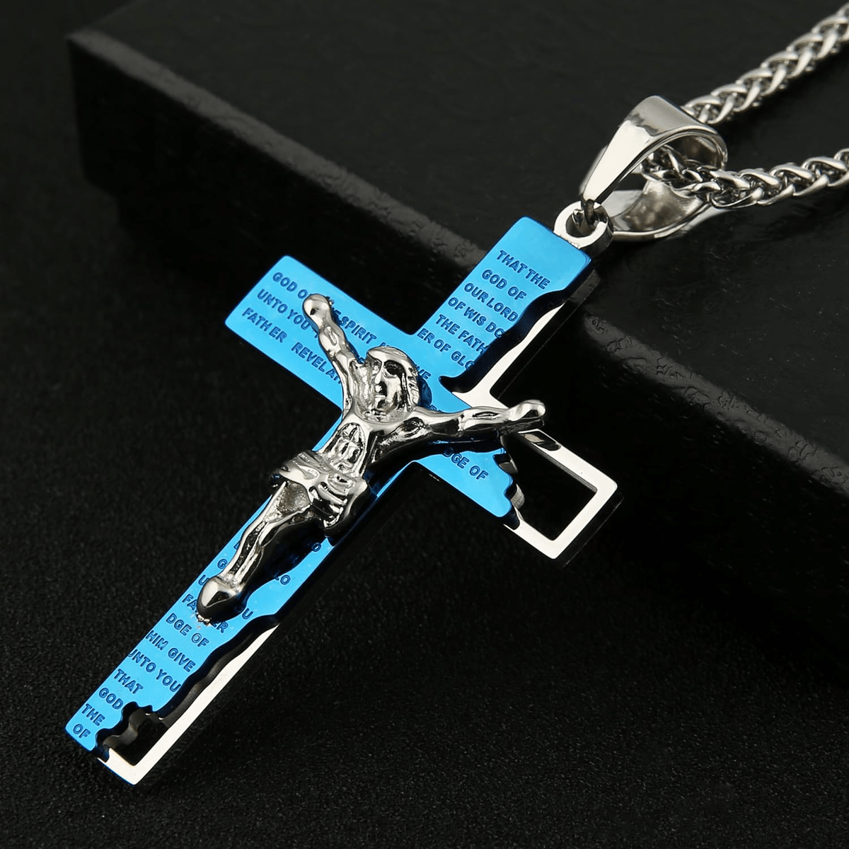 Collana con Crocifisso in Acciaio Inossidabile e Pendente di Preghiera della Bibbia