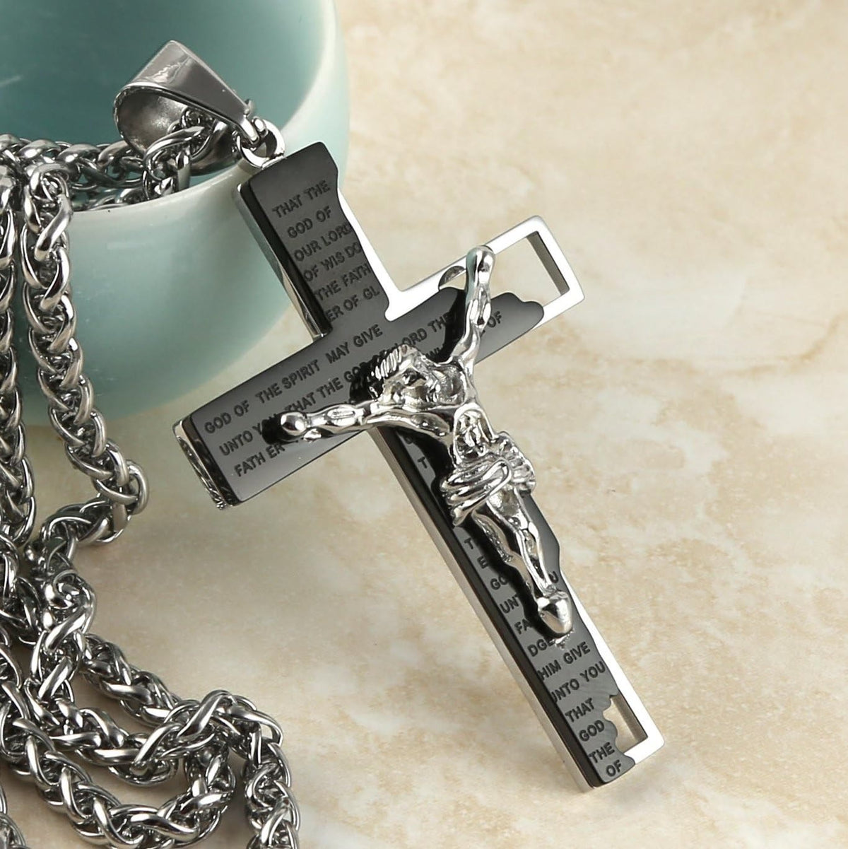 Collana con Crocifisso in Acciaio Inossidabile e Pendente di Preghiera della Bibbia