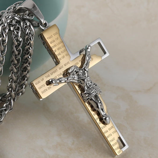 Collana con Crocifisso in Acciaio Inossidabile e Pendente di Preghiera della Bibbia