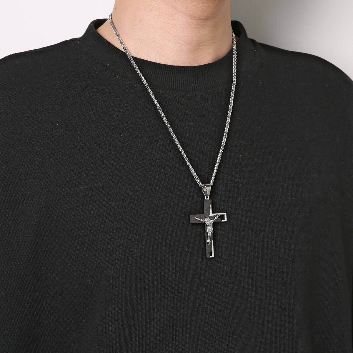 Collana con Crocifisso in Acciaio Inossidabile e Pendente di Preghiera della Bibbia