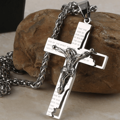 Collana con Crocifisso in Acciaio Inossidabile e Pendente di Preghiera della Bibbia