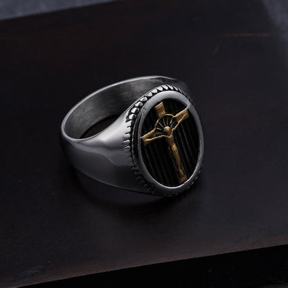 Anello in Titanio Crucifisso di Protezione e Forza Stile Retro