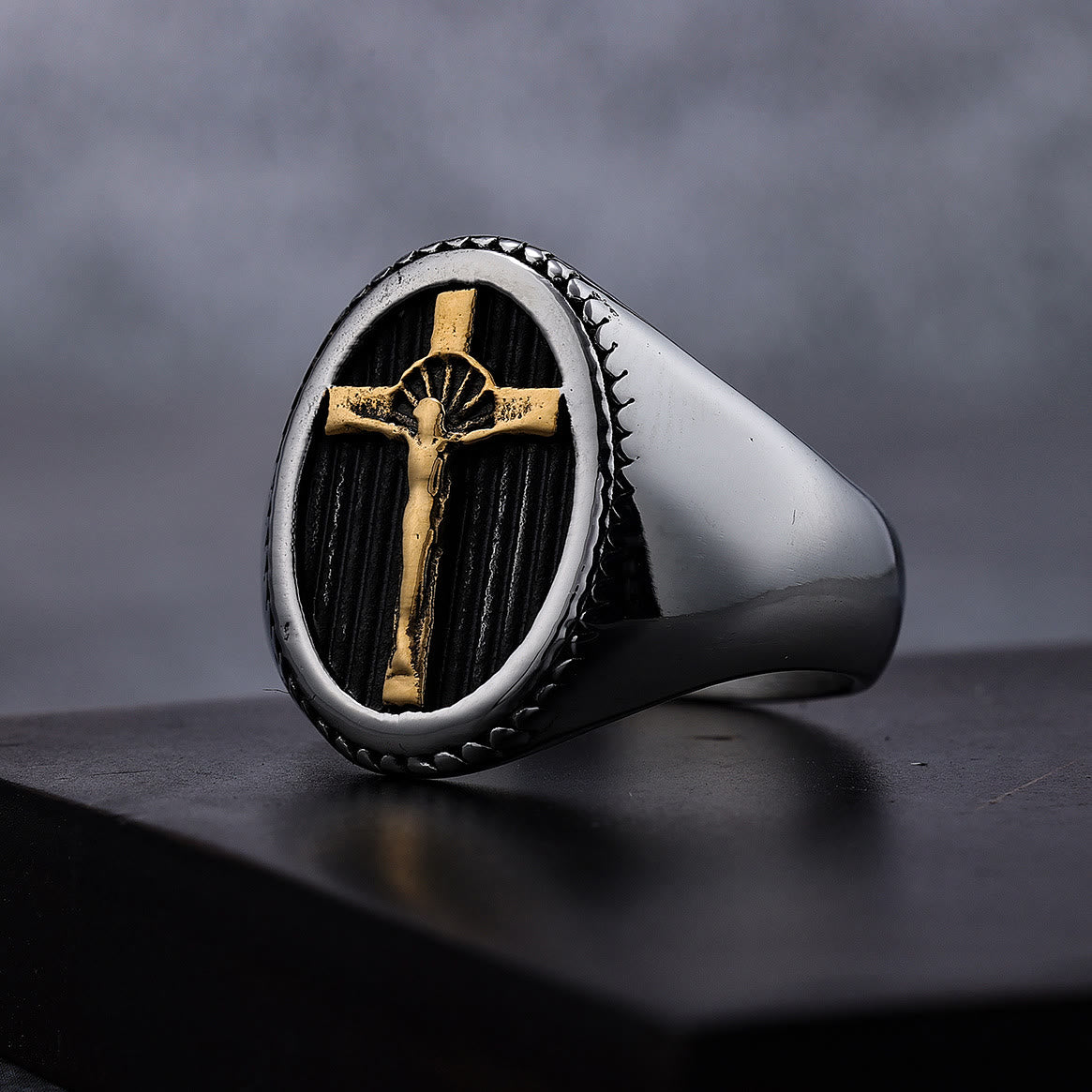 Anello in Titanio Crucifisso di Protezione e Forza Stile Retro