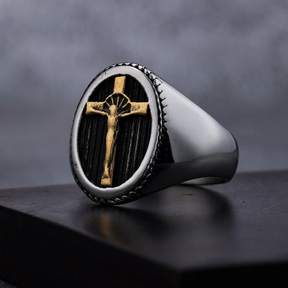 Anello in Titanio Crucifisso di Protezione e Forza Stile Retro