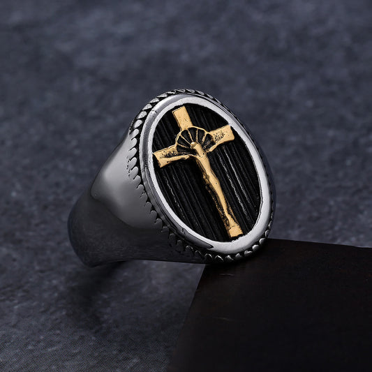 Anello in Titanio Crucifisso di Protezione e Forza Stile Retro