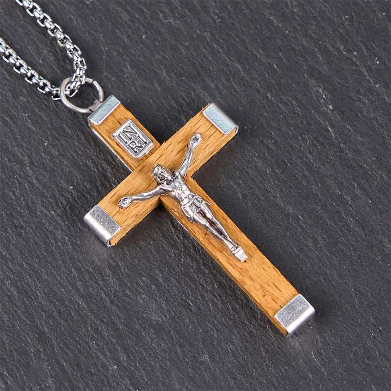 Icona di Gesù in Stile Retro Crocifisso Pendente in Legno e Lega