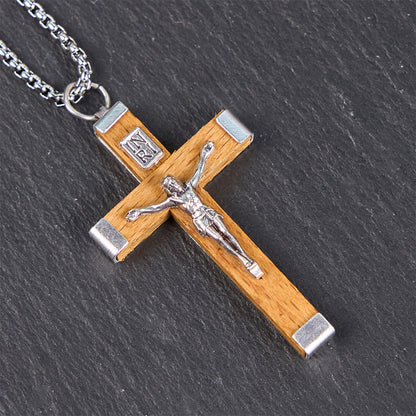 Icona di Gesù in Stile Retro Crocifisso Pendente in Legno e Lega