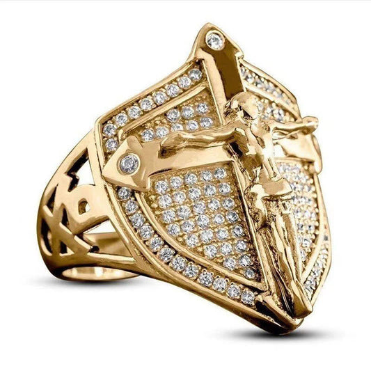 Anello Lussuoso Crocifisso Scudo Divino: Un Coraggioso Testamento di Fede e Devozione