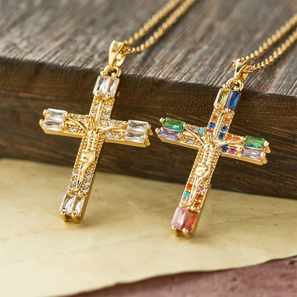 Collana in Acciaio Titanio con Croce in Zirconia Colorata Stile Retro Bohemien