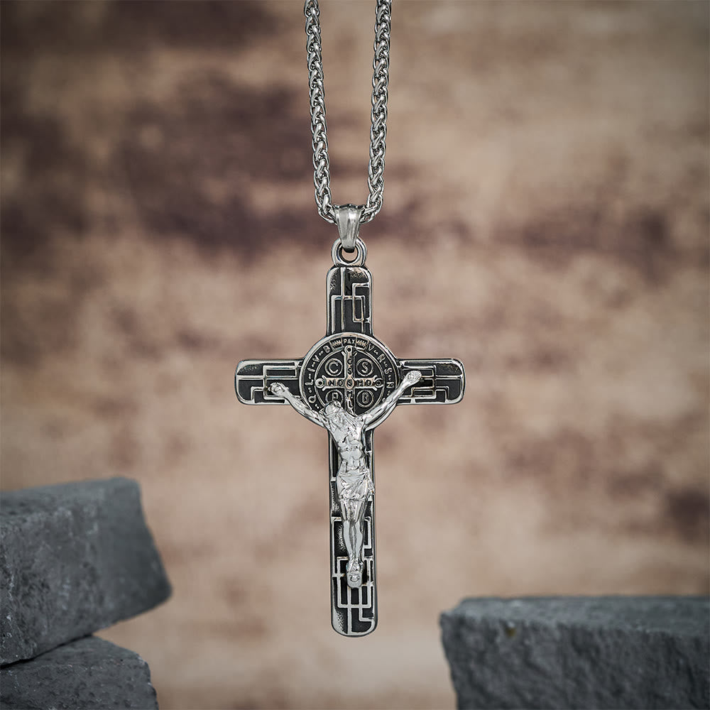 Collana Pendente di Protezione Medaglia Crucifisso St. Benedetto in Stile Retro Classico