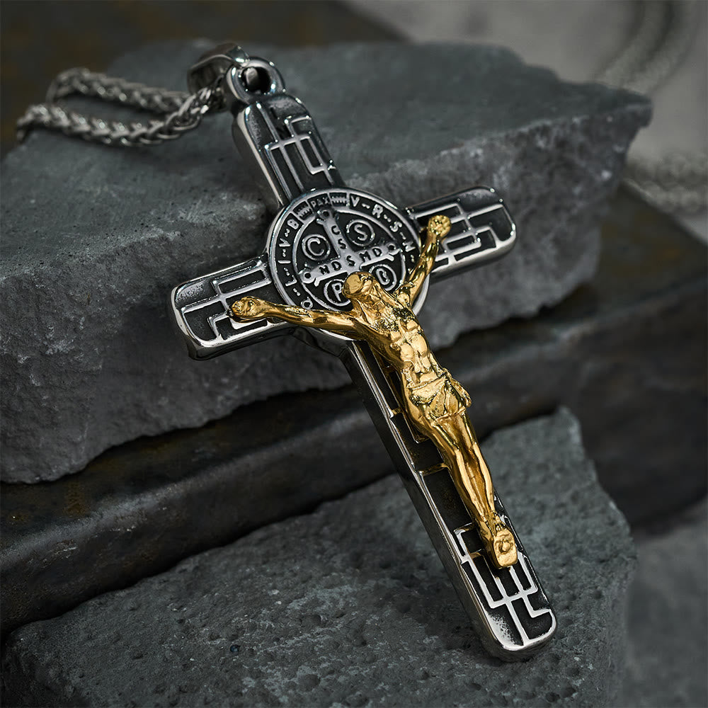 Collana Pendente di Protezione Medaglia Crucifisso St. Benedetto in Stile Retro Classico