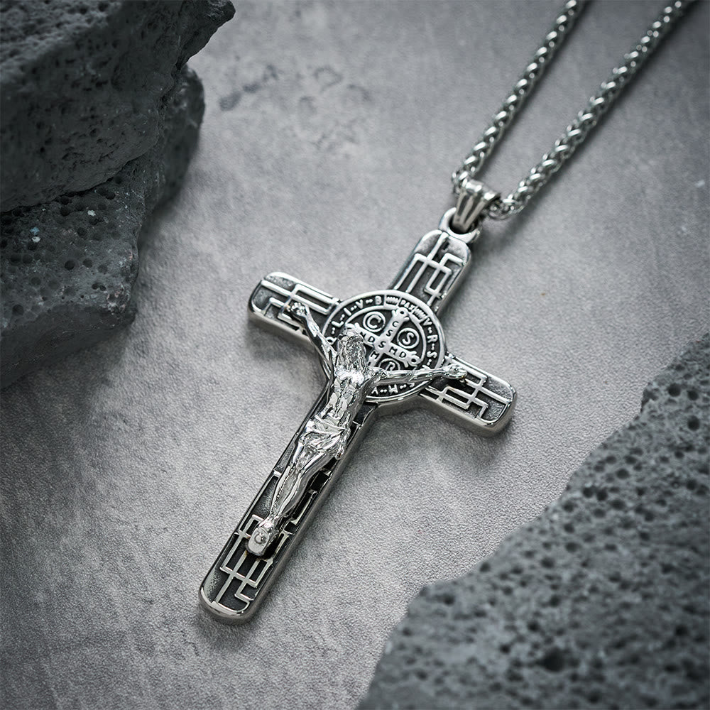 Collana Pendente di Protezione Medaglia Crucifisso St. Benedetto in Stile Retro Classico