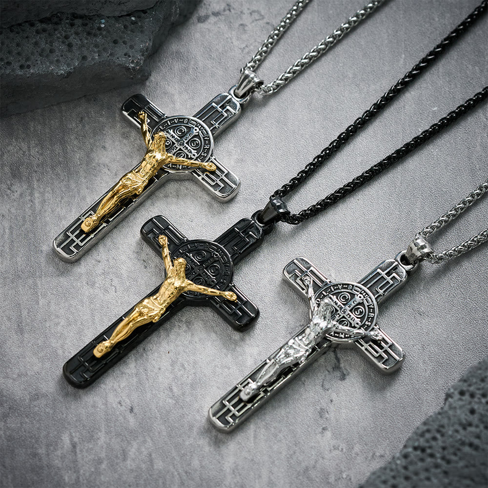Collana Pendente di Protezione Medaglia Crucifisso St. Benedetto in Stile Retro Classico