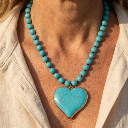 Collana Lunga di Perline con Cuore Color Turchese | Dorata