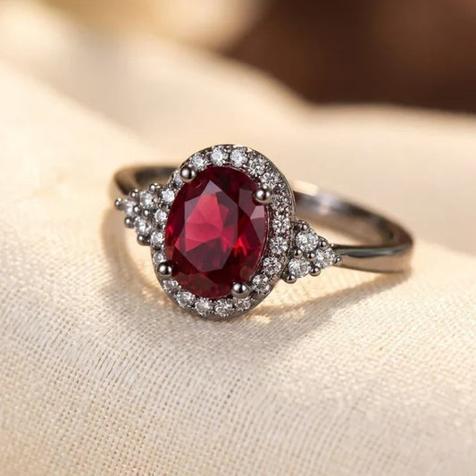 Anello halo rubino in argento