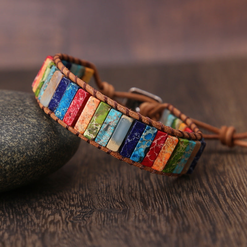 Bracciale in Pelle con Giada Arcobaleno