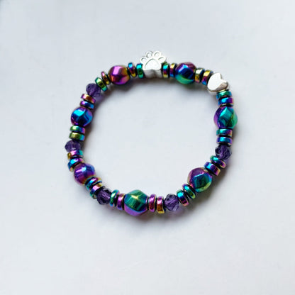 Bracciale in Ematite Arcobaleno con Charm a Forma di Zampa e Cuore