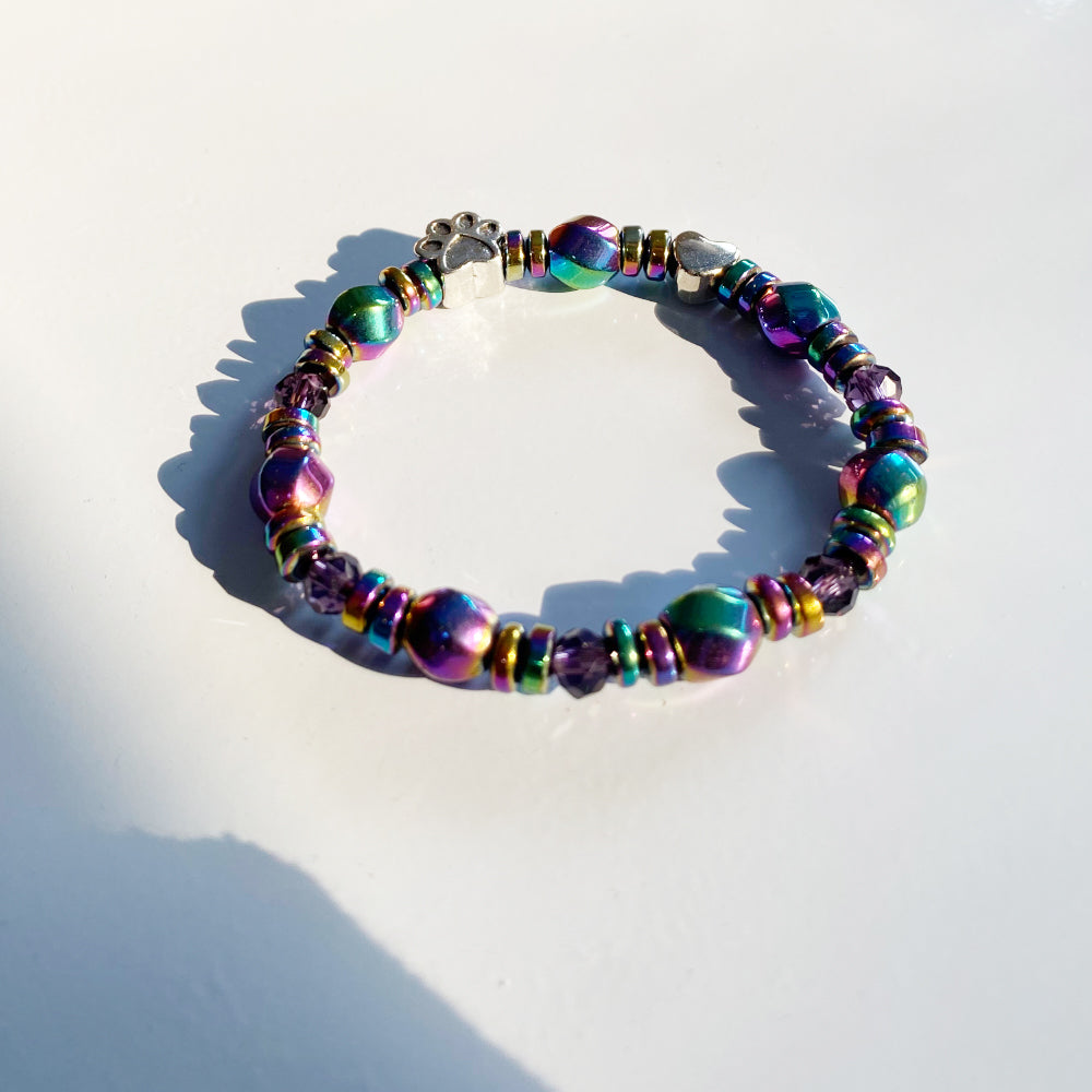 Bracciale in Ematite Arcobaleno con Charm Zampa e Cuore