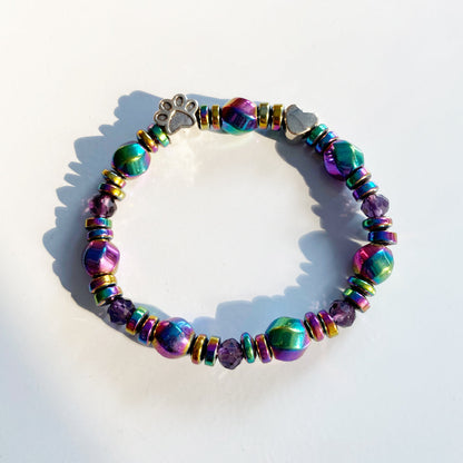 Bracciale in Ematite Arcobaleno con Charm Zampa e Cuore