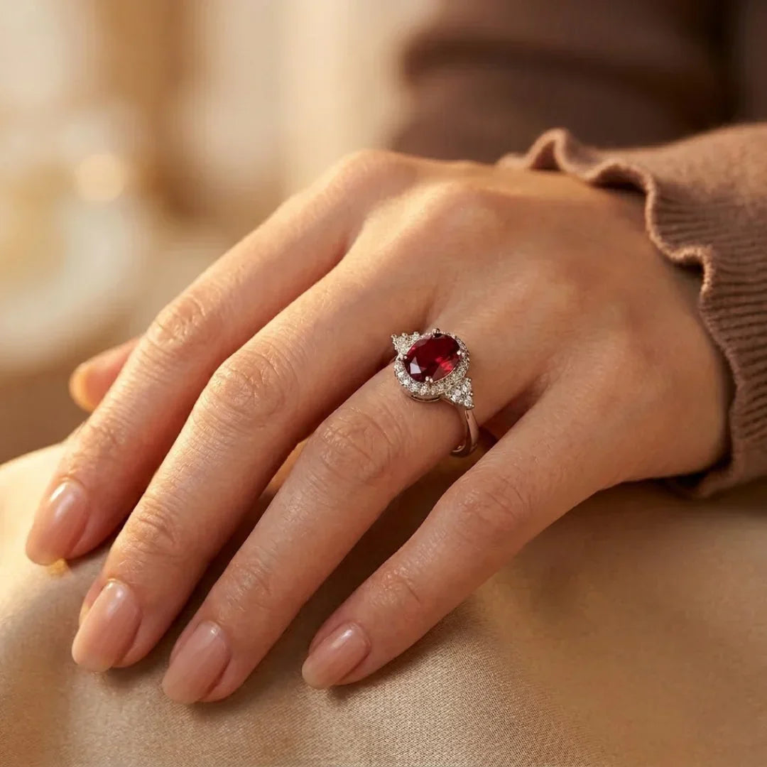 Anello halo rubino in argento