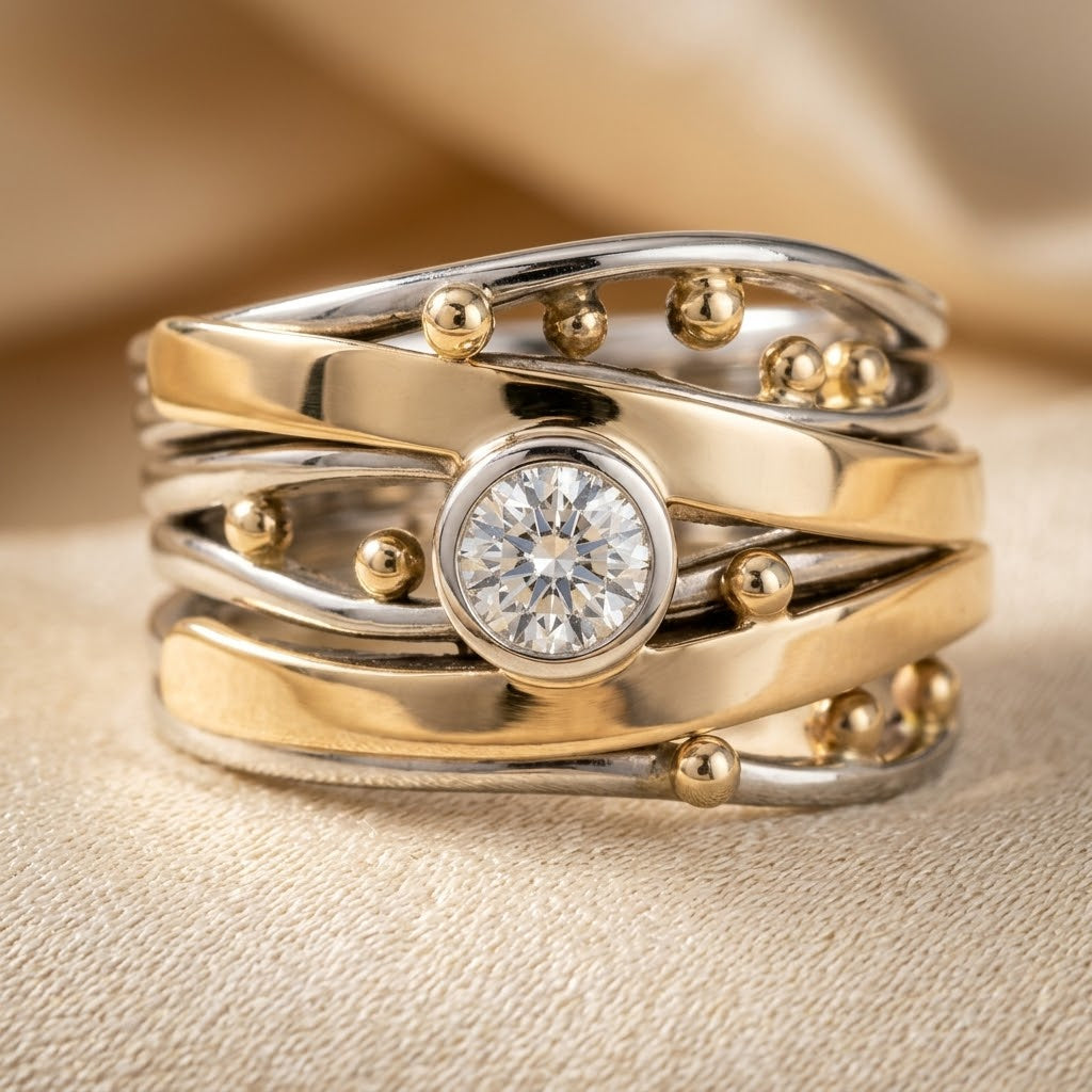 Anello avvolgente con bezel in argento e oro