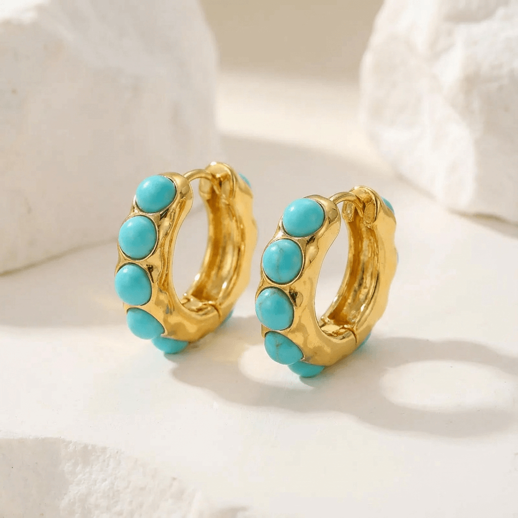 Orecchini a Cerchio con Cabochon Color Turchese | Dorati