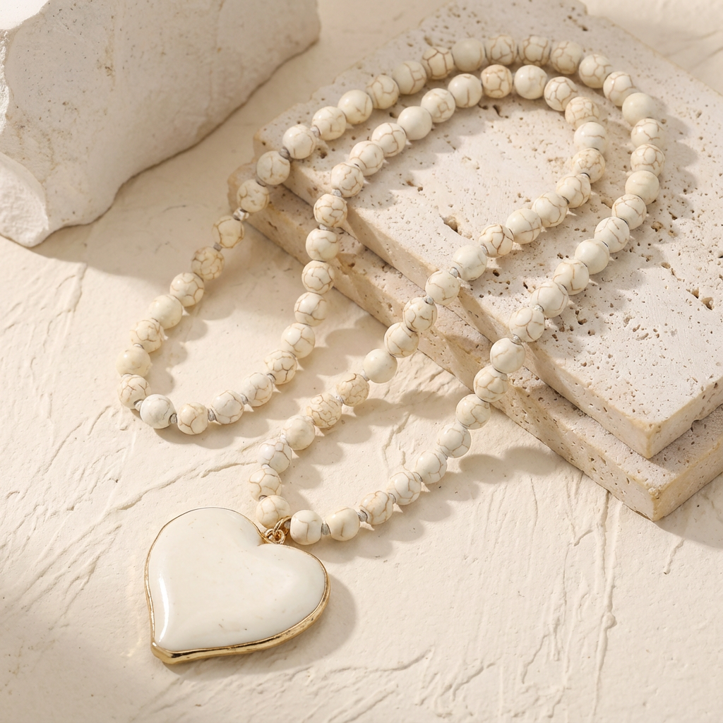 Collana Lunga di Perline con Cuore Color Turchese | Dorata