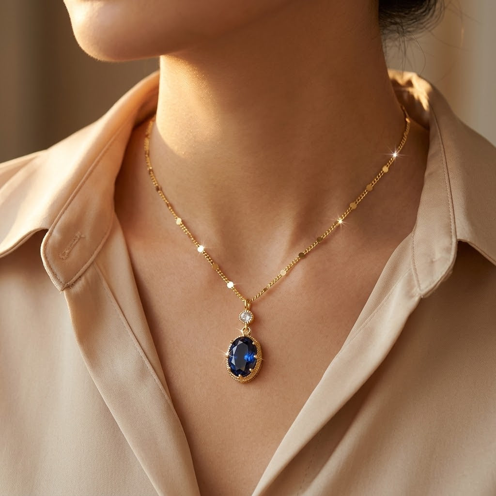 Collana a Goccia Ovale in Zaffiro Dorato