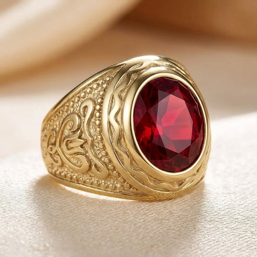 Anello Inciso in Oro e Rubino