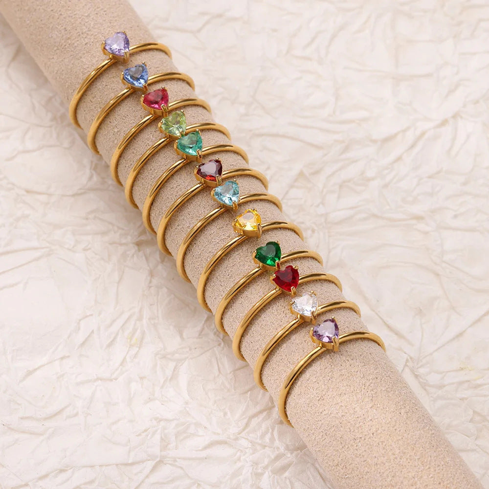 Anello Regolabile Aperto con Pietra del Mese, in Acciaio Titanio Placcato Oro 18K