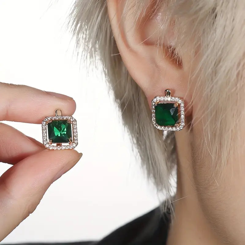 Orecchini con Zirconi Quadrati Verde Smeraldo | Dorati