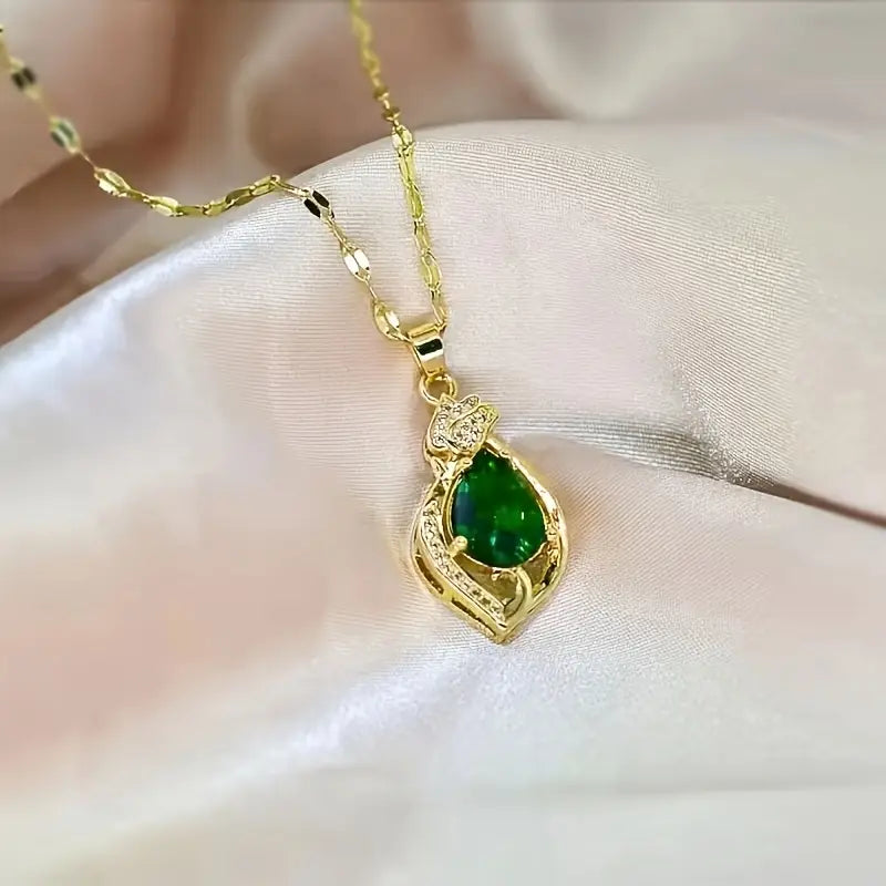 Collana Liana Moretti | Dorata con Pendente a Goccia Verde Smeraldo