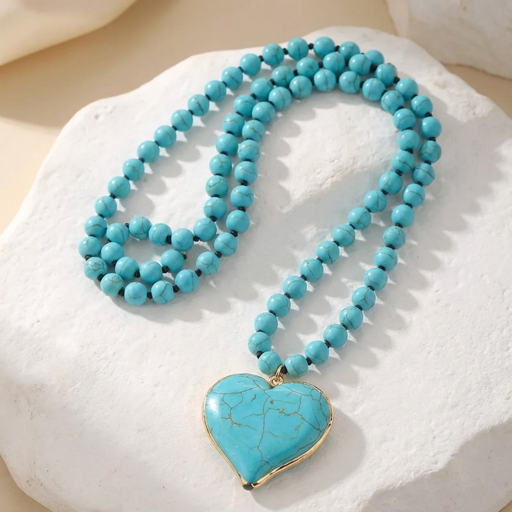 Collana Lunga di Perline con Cuore Color Turchese | Dorata