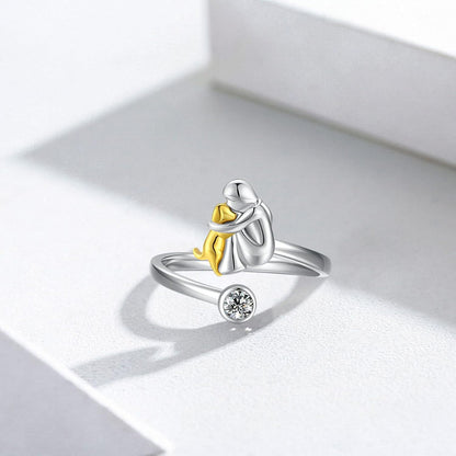 Anello Regolabile Donna e Cane in Argento 925 con Zircone