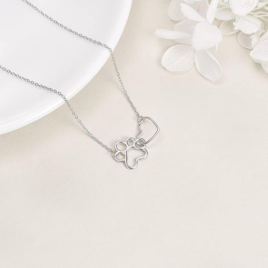 Collana in Argento Sterling 925 con Impronta di Zampa – Pendente a Cuore in Cristallo