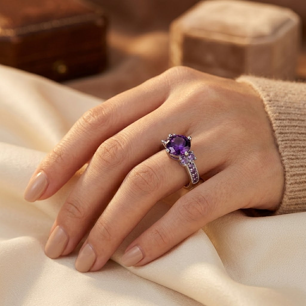 Anello in argento con pietra laterale in ametista